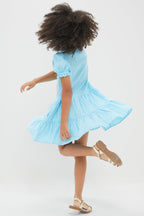 Girls Ruffle Collar Short-Sleeve Tiered Striped Dress