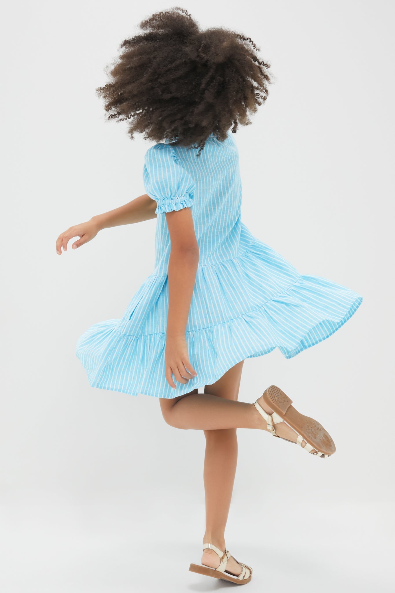 Girls Ruffle Collar Short-Sleeve Tiered Striped Dress
