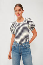 Navy Striped Vesty Puff Short Sleeve Crewneck