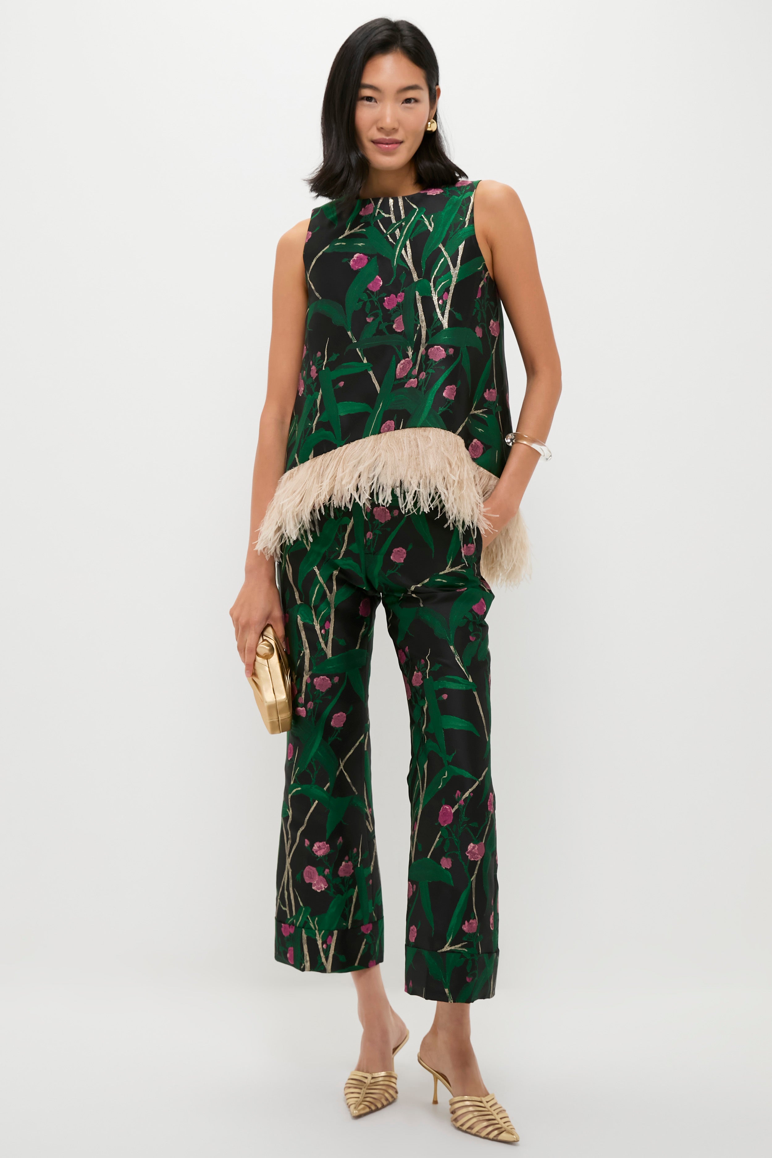 Bamboo Jacquard La Scala Top with Feathers