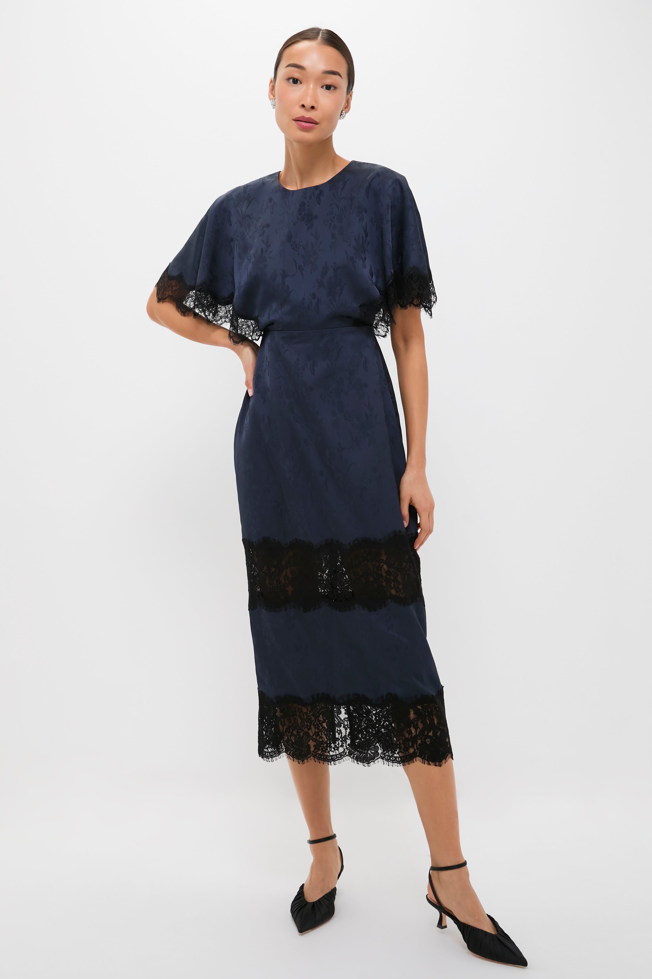 Navy Jacquard and Black Lace Cape Leah Dress
