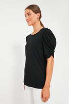 Black Vesty Puff Short Sleeve Crewneck