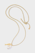 Gold Lurex Cord Necklace with Baroque Pearl and Gold Fish Charms