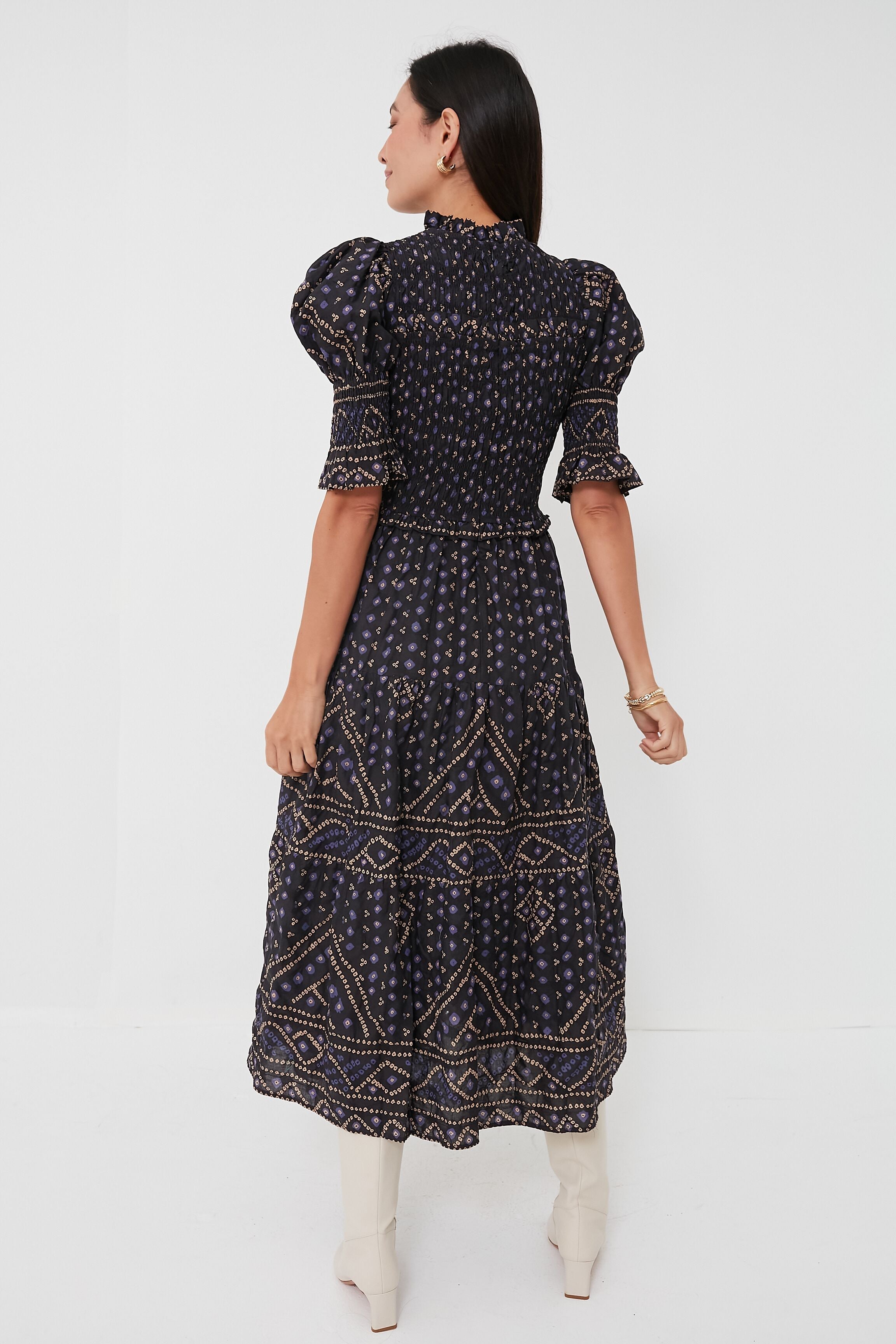 Blue Delphine Pucker Cotton Puff Sleeve Smocked Dress