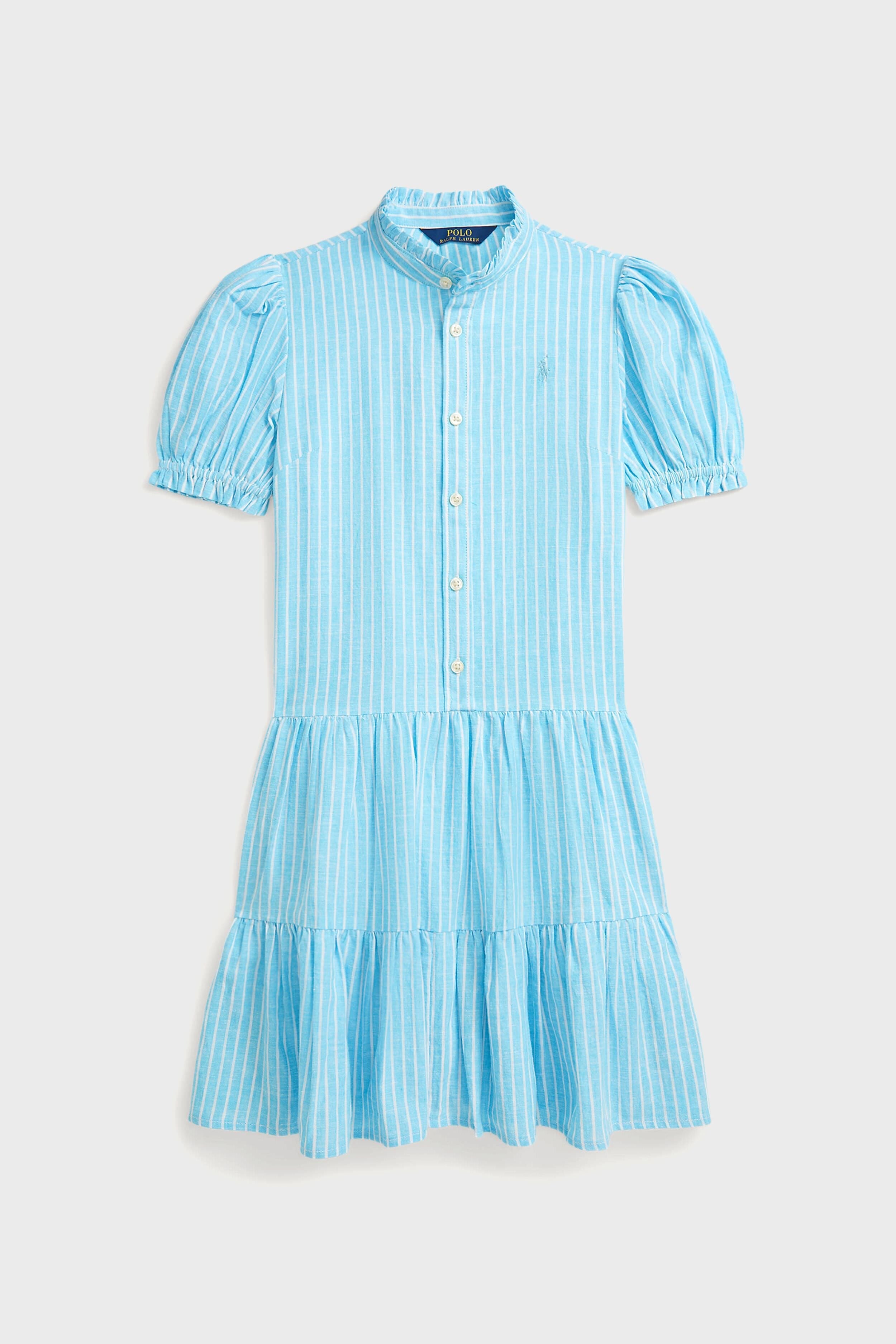 Girls Ruffle Collar Short-Sleeve Tiered Striped Dress