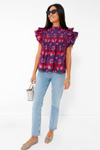 Exclusive Blue Kazak Pintuck Ruffle Top