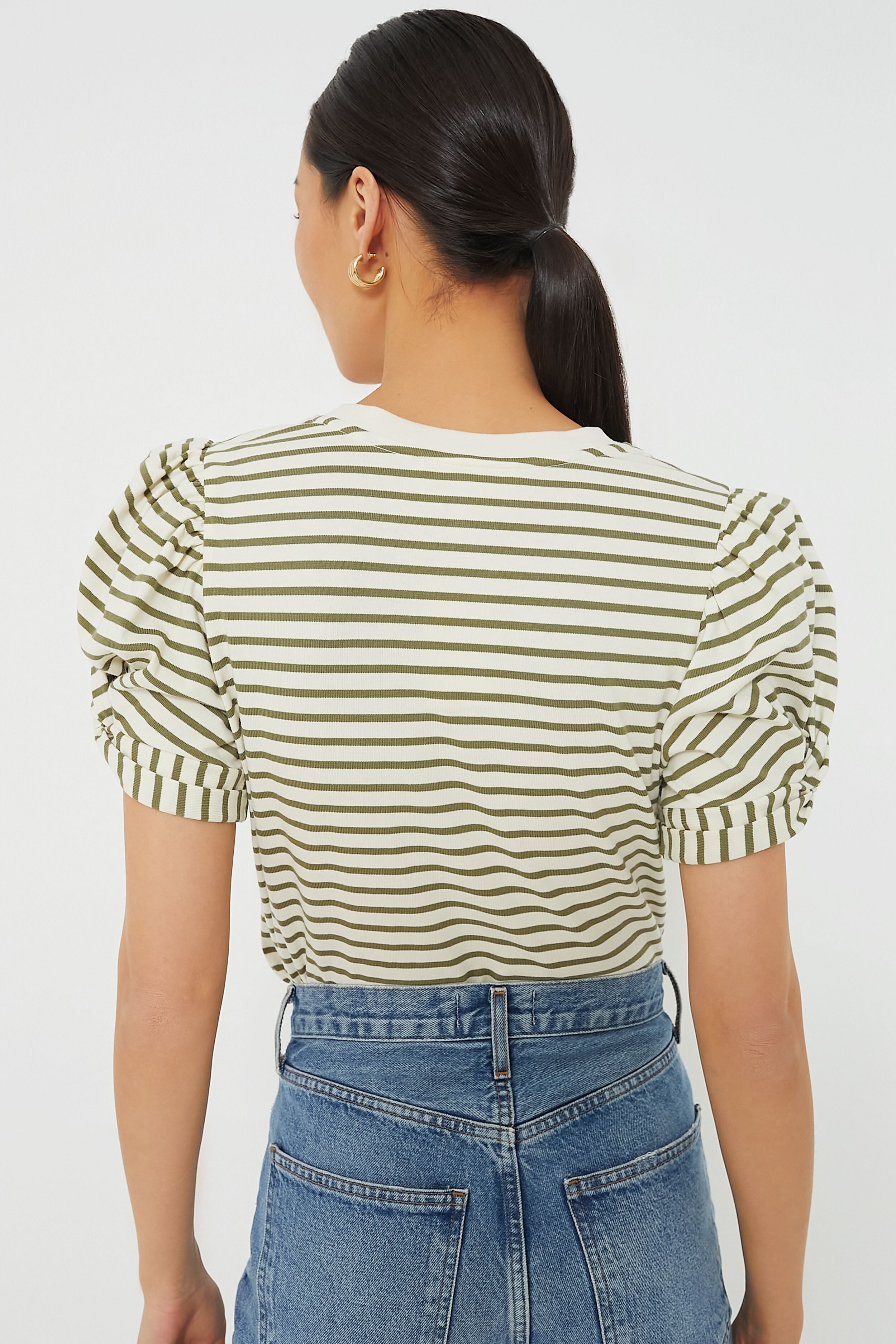 Olive Striped Vesty Puff Short Sleeve Crewneck