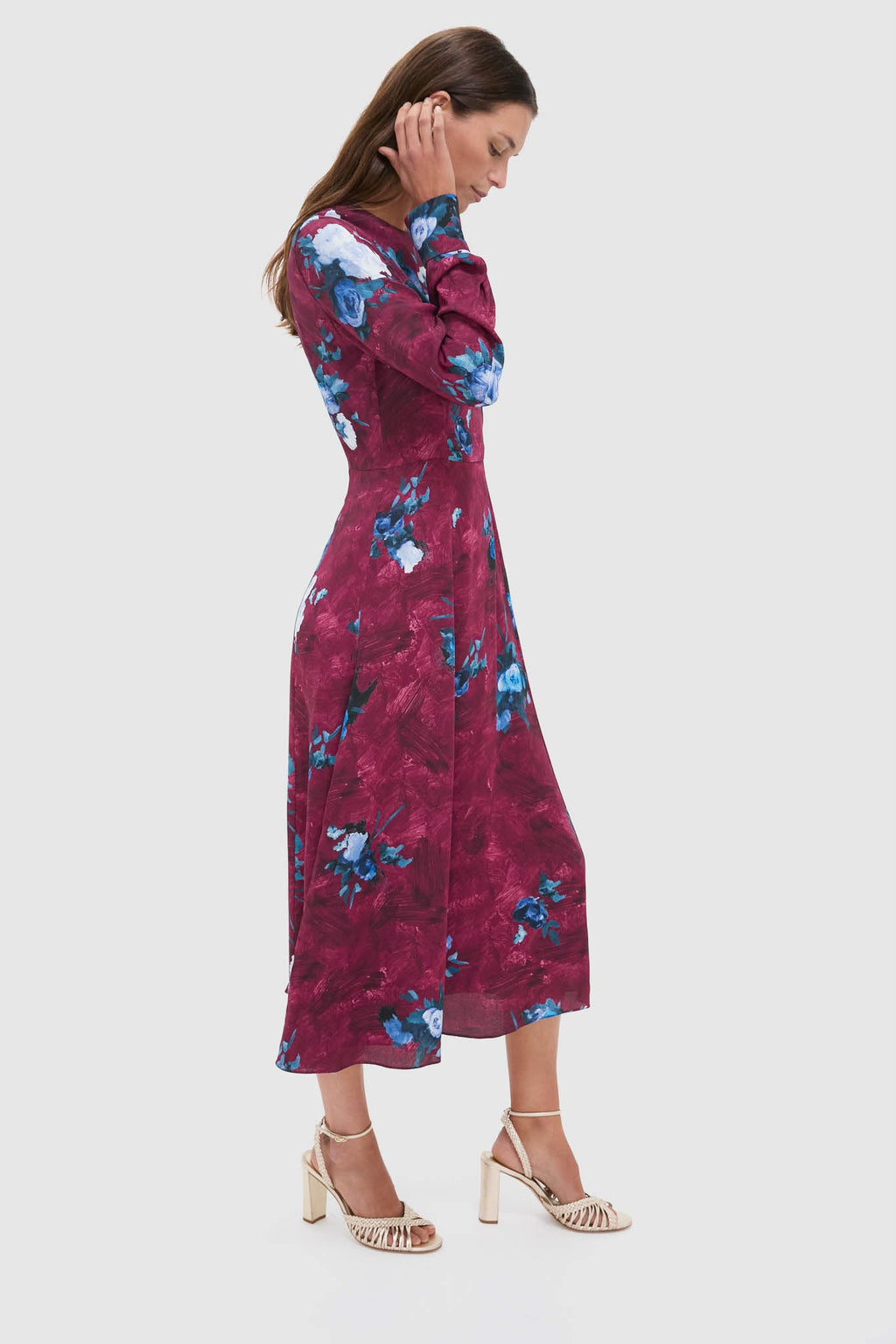 Abstract Rose Milberry Red Long Sleeve Midi Dress