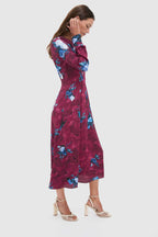 Abstract Rose Milberry Red Long Sleeve Midi Dress