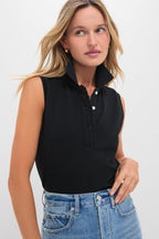 Black Pique Sleeveless Ruffle Margaret Polo