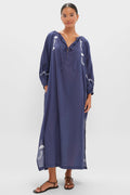 White Dove Embroidery Blue Indigo Organic Folk Maxi Dress
