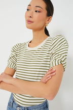 Olive Striped Vesty Puff Short Sleeve Crewneck