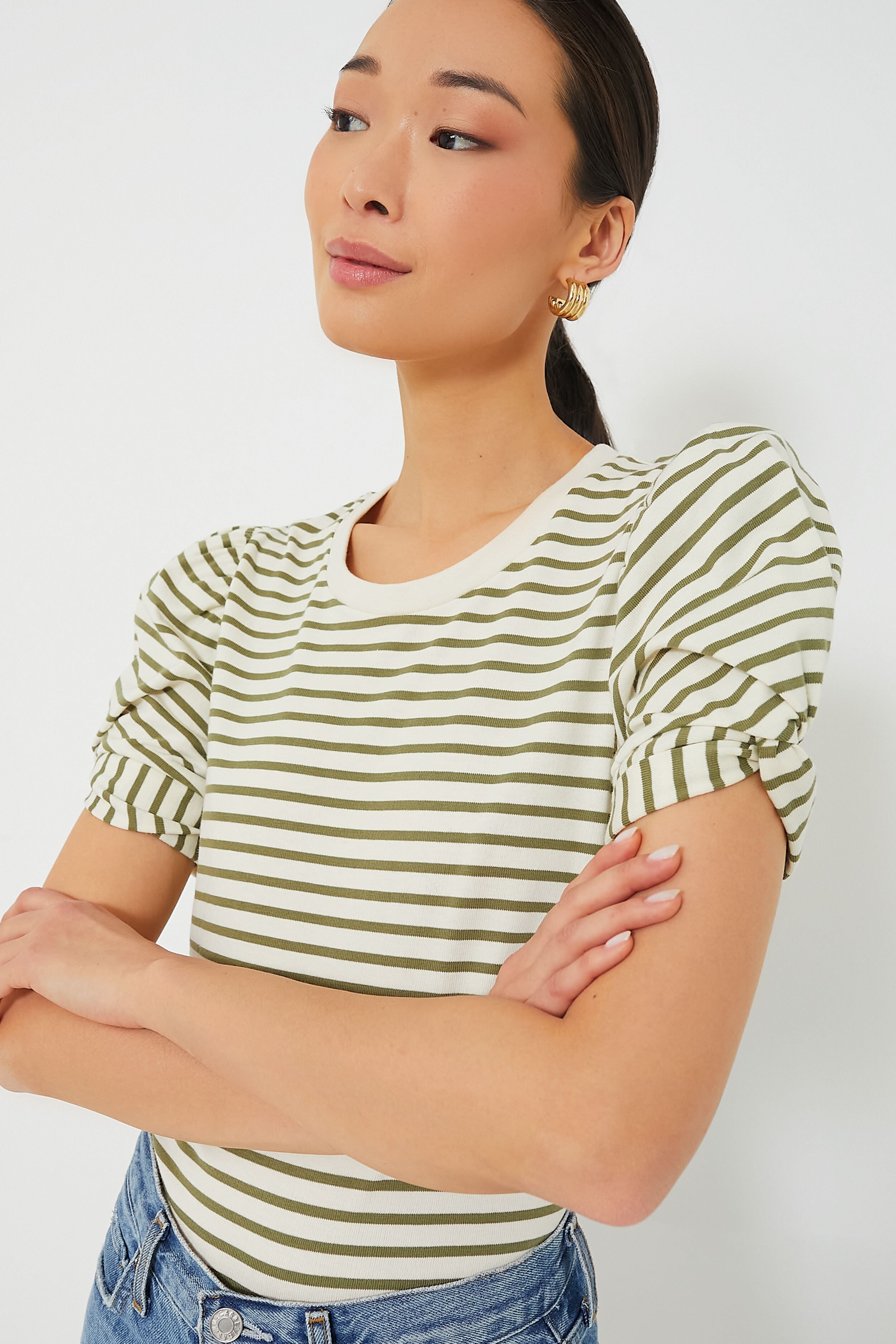 Olive Striped Vesty Puff Short Sleeve Crewneck