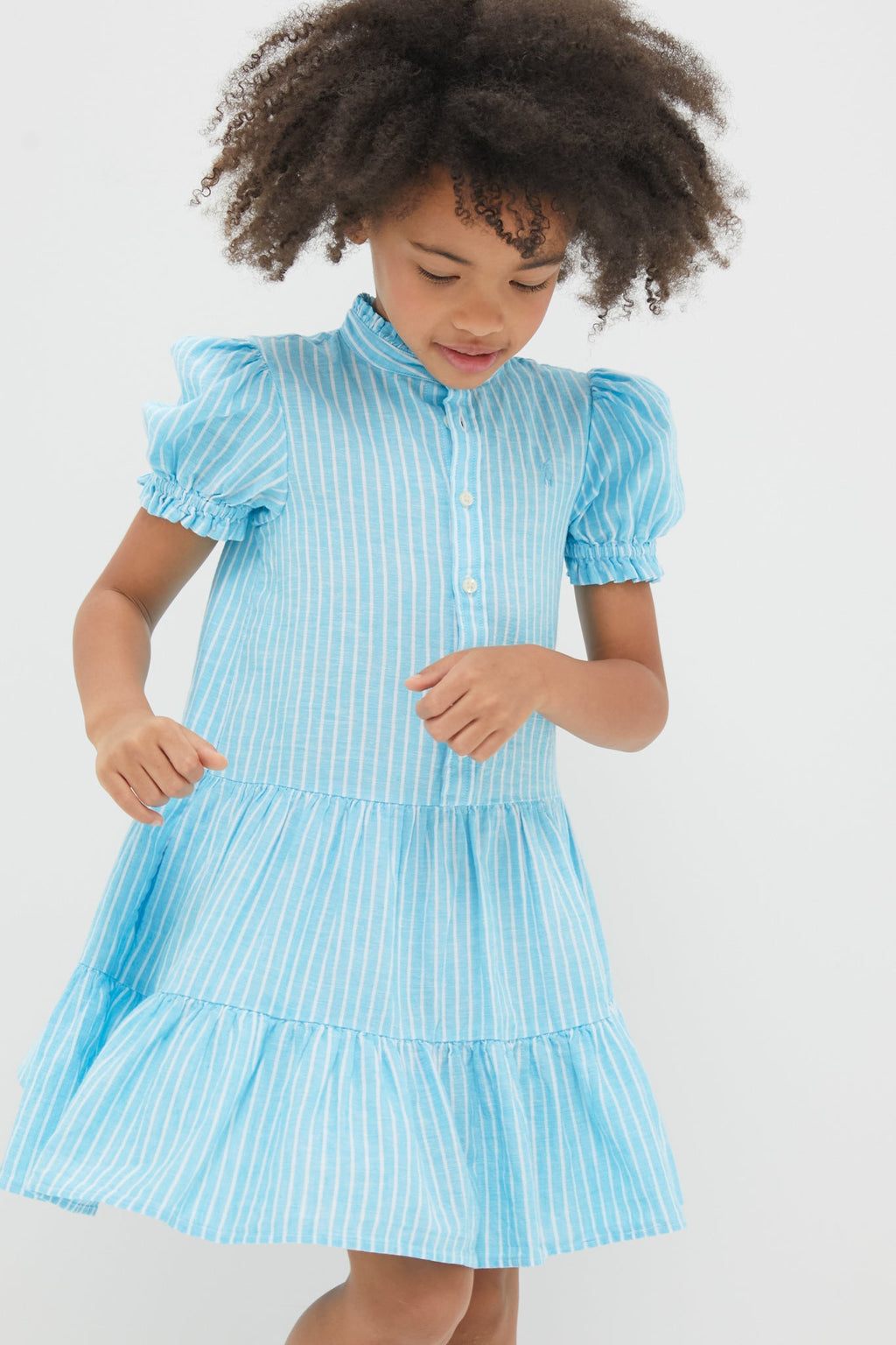 Girls Ruffle Collar Short-Sleeve Tiered Striped Dress